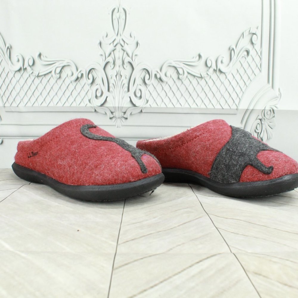 LL BEAN Women's Red Cat Motif Daybreak Scuffs Lined Wool Slippers Size 6 M - Picture 4 of 8